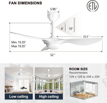 Iluminación de ventilador de techo de 6 velocidades de 52 pulgadas con control de voz y APP remoto