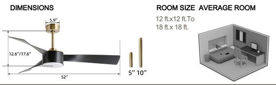 Iluminación de ventilador de techo inteligente de 52 pulgadas de ahorro de energía en negro