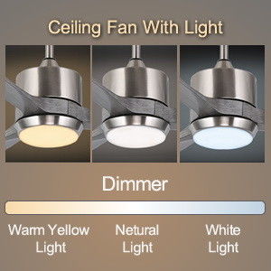 Ventilador de techo silencioso con motor de corriente continua con control inteligente de APP, luz LED de 3 colores atenuable y opción de 6 velocidades